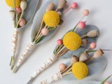 modern spring boutonnieres of faux berries, seed pods, billy balls and some grass plus pale leaves are fresh and easy to make