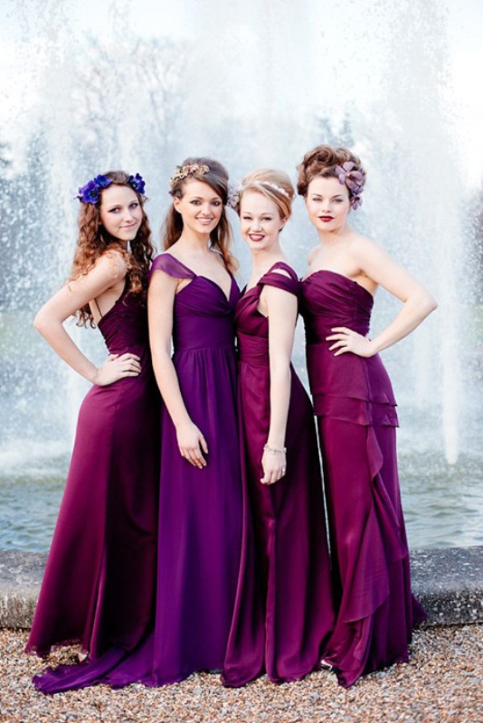 fantastic plum colored and fuchsia maxi bridesmaid dresses will be a gorgeous solution for a fall wedding with a sumptuous color palette