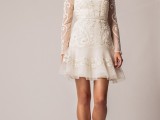 a modern short lace embellished wedding dress with illusion sleeves and quirky bow shoes for a modern boho bride