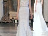 a jaw-dropping mermaid wedding dress with embellished straps and a bodice, a square neckline and a lace skirt with a train for a modern glam bride