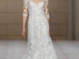 a romantic A-line lace wedding dress with a V-neckline, short sleeves and a train is adorable and chic