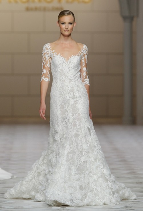 a romantic A-line lace wedding dress with a V-neckline, short sleeves and a train is adorable and chic