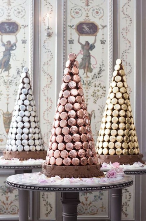 gorgeous macaron towers with shiny foil covered macarons are amazing for a glam wedding with a Parisian feel