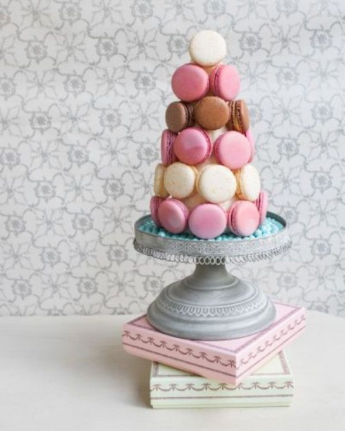 a mini macaron tower with various types of macarons on a refined stand is a lovely idea for a glam and glitz mini wedding