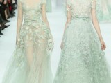 gorgeous pastel green A-line wedding dresses with floral appliques and sashes, with sheer and semi sheer parts are amazing