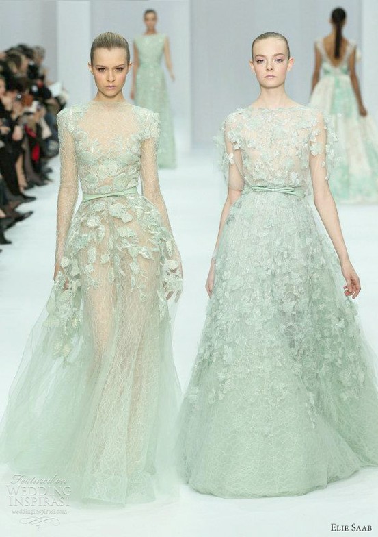 Gorgeous pastel green A line wedding dresses with floral appliques and sashes, with sheer and semi sheer parts are amazing