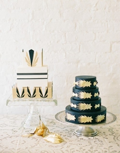 super glam and cool 1920s wedding cakes - a black and a white one with refined and cool art deco detailing