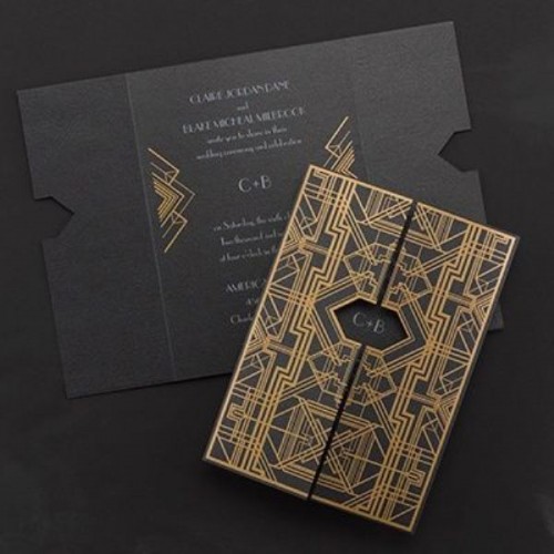a black and gold super elegant 1920s inspired rehearsal dinner invitation is a lovely idea for your Great Gatsby party
