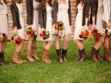 brown cardigans, neutral dresses and cowboy boots for a cozy and rustic look of the bridesmaids