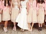 light pink cardigans and neutral lace bridesmaid dresses make up girlish and super cute looks