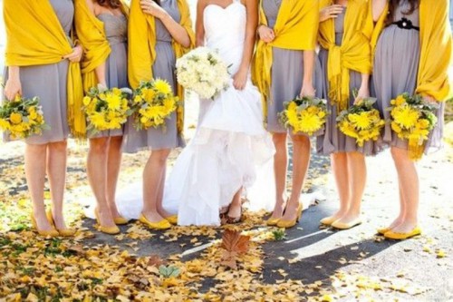bright yellow coverups match the shoes and bouquets with grey bridesmaid dresses are amazing for a fall wedding
