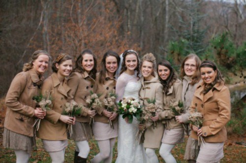 short camel and ocher coats are great for fall and winter bridesmaids, if it's cold outside