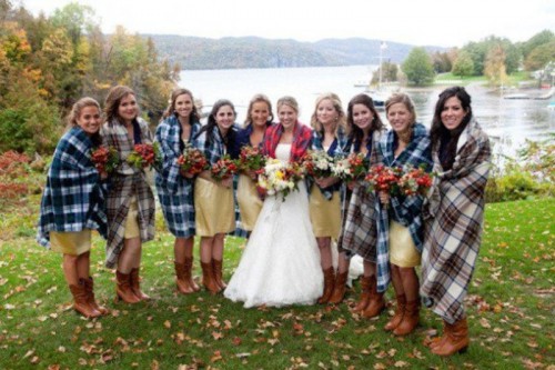 some plaid coverups are an amazing idea for a rustic wedding, they match the cowboy style boots of the girls