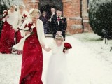 white pashmians contrast the red dresses and make the Christmas bridesmaid look bright and cozy