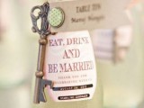 little wedding drinks and favors styled in Alice in Wonderland theme, with stickers and vintage keys are amazing for a wedding