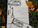 a black and white wedding invitation suite with various prints including vintage keys is a beautiful idea for a vintage-themed wedding