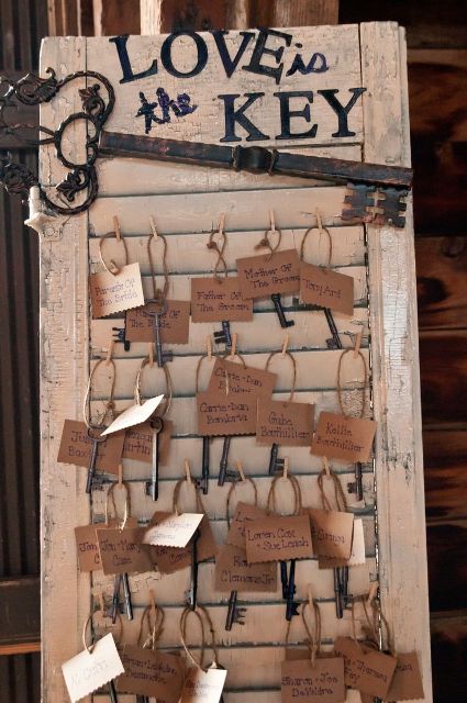 a wedding seating chart of a vintage shutter, vintage keys with cards and a large key plus a quote for decor
