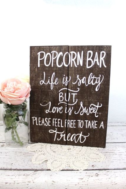 a rustic popcorn wedding bar sign can be easily DIYed to mark your station