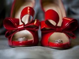 red lacquer bow shoes are great for a bride who isn’t ready for a red wedding dress but wants to add some color