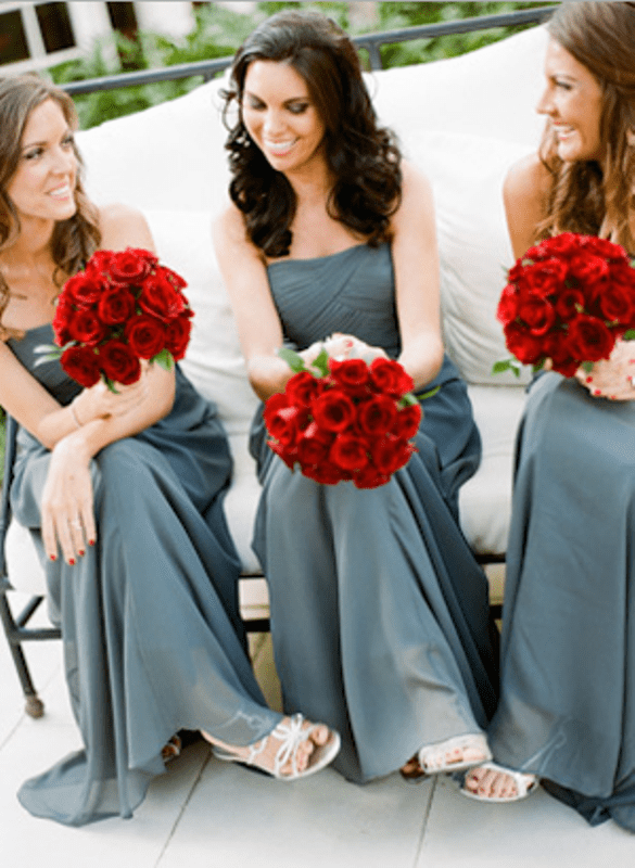 strapless grey maxi bridesmaid dresses and red rose bouquets for a bold and chic look