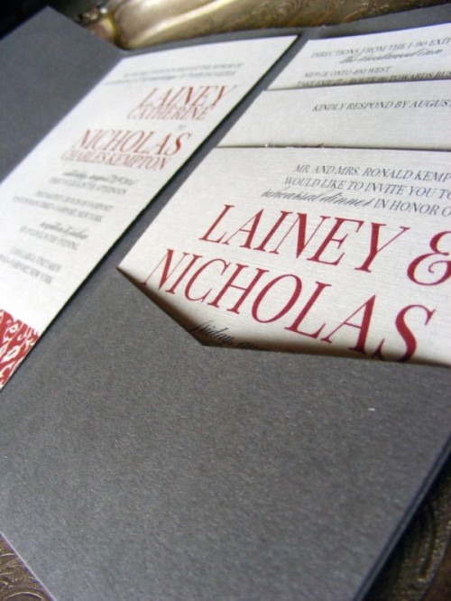 a grey, white and red wedding invitation suite is elegant and bold