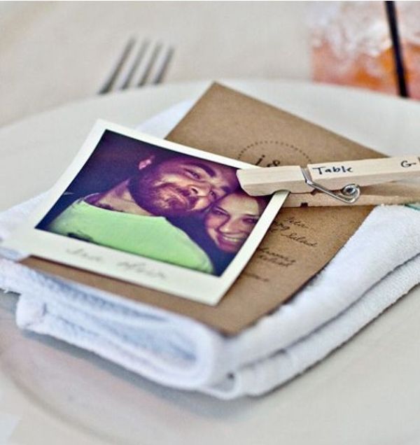 Accent each place setting with a Polaroid attached to the menu or napkin, it's a cool way to personalize the tablescape