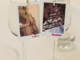 your wedding glasses accented with Polaroids from your favorite places is a very cute idea for a travel-themed wedding