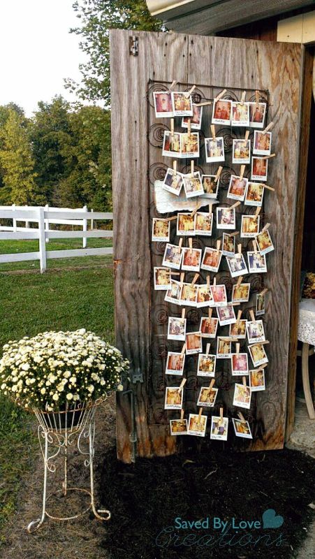 Polaroids attached to a vintage door will be a cute and homey wedding decoration for a backyard wedding