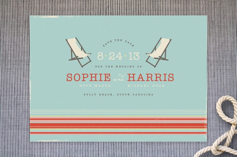 A relaxed beach wedding invitation in blue, red and orange, with loungers and some mid century modern lettering