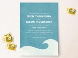 a blue and white wedding invitation with a wave print, with white letters is a stylish and very simple idea to go for
