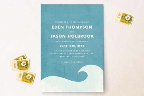 a blue and white wedding invitation with a wave print, with white letters is a stylish and very simple idea to go for