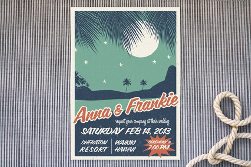 A bold tropical wedding invitation inspired by mid century modern style, done with a print of a tropical location and bright letters