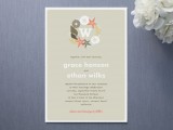 a tan beach wedding invitation with starfish, seashell and other seaside prints and pretty lettering is a cool idea