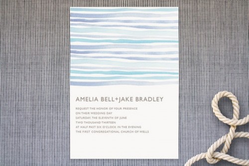 a simple beach wedding invitation with blue, purple and turquoise stripes that feel very beachy and coastal