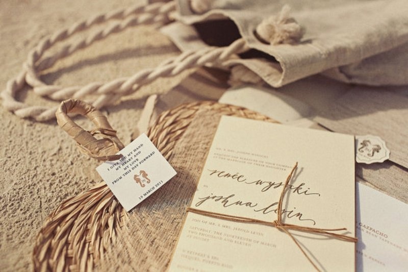A delicate neutral beach wedding invitation with gold calligraphy is timeless classics for any wedding, not only for a beach one