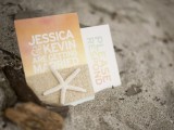 a bright and fun orange and tan wedding invitation suite with burlap and starfish, with white and gold lettering is amazing