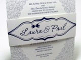 a creative nautical wedding invitation with a scallop print, navy letters and an elegant topper with names