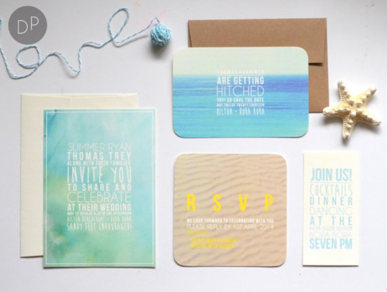 A bright beach wedding invitation suite with tan, ombre blue and green, white to blue ombre invites feels very seaside like