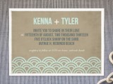 a simple and modern beach wedding invitation of tan paper, with mint wave-inspired prints and navy and mint letters is an easy idea to try