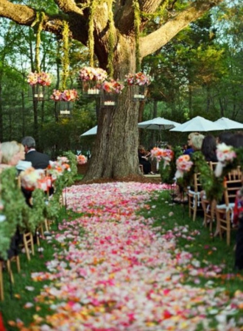 a pretty backyard wedding ceremony space with a living tree decorated with greenery and blooms, with the aisle covered with bright petals and greenery garlands