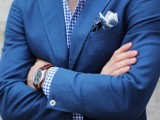 a bold blue jacket, a plaid shirt and printed handkerchiefs for a stylish and relaxed summer groom’s look