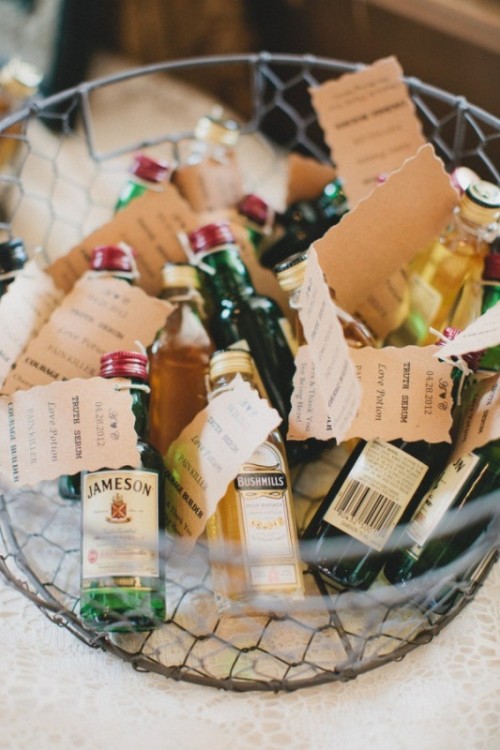 mini bottles with various kinds of alcohol and tags to let your guests choose themselves what they like most of all