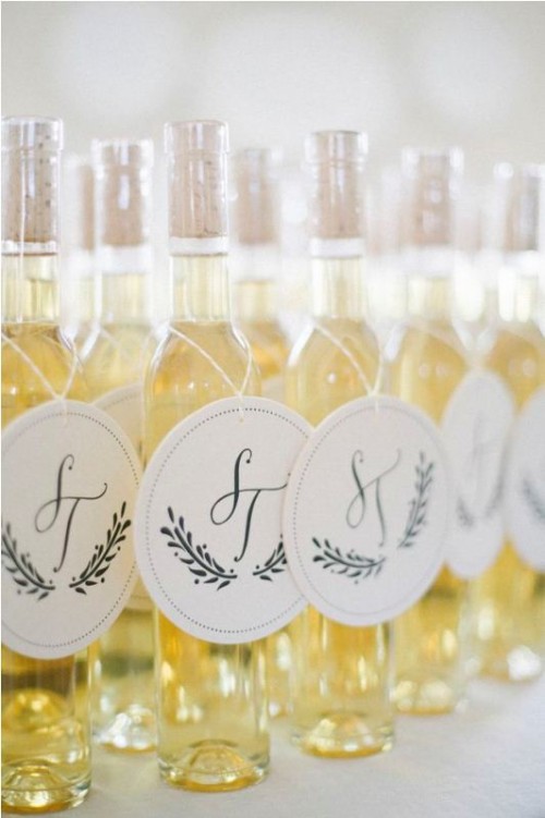 fresh white wine in bottles are cool wedding favors for a vineyard or Provence wedding