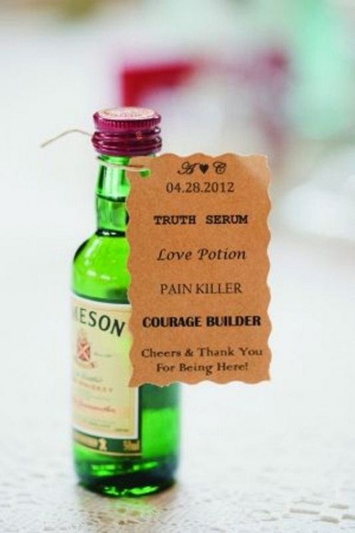 mini Jameson bottles with tags presented as Love Potion are cool and timeless wedding favors