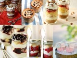 a variety of wedding desserts served in mason jars – souffle, jar pies, ice cream and so on
