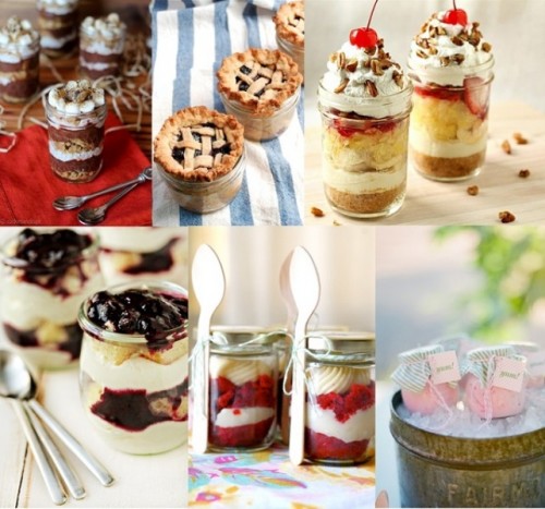 a variety of wedding desserts served in mason jars - souffle, jar pies, ice cream and so on
