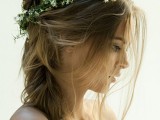a boho wedding haistyle with a a bump on top, a fishtail braid and some locks down is a messy and pretty idea that doesn’t suppose any perfection and it’s very comfy