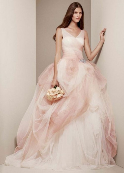 a white and blush A-line wedding dress with an illusion neckline and layered parts is a chic and gorgeous idea
