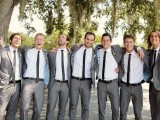 grey pantsuits, white shirts and black skinny ties are a classic combo for a wedding, a spring, summer and fall