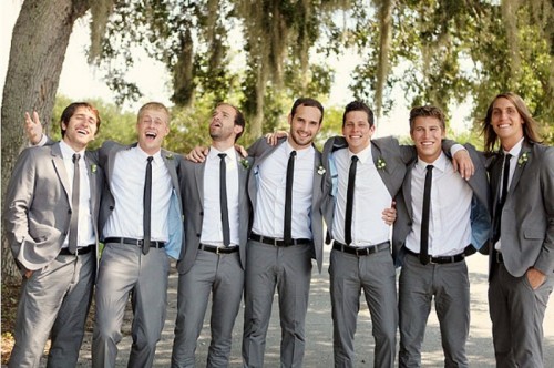 grey pantsuits, white shirts and black skinny ties are a classic combo for a wedding, a spring, summer and fall